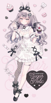 1girl :t absurdres animal_ears bare_shoulders breasts cleavage closed_mouth commentary demon_girl demon_tail demon_wings dress eating english_commentary food food_on_face fork full_body grey_eyes grey_hair grey_pantyhose heart highres holding holding_fork holding_phone long_hair looking_at_viewer medium_breasts mini_wings original pantyhose phone pink_background rabbit_ears single_fishnet_legwear single_leg_pantyhose solo standing tail transparent_wings two_side_up very_long_hair wasabi_(sekai) white_dress wings wrist_cuffs