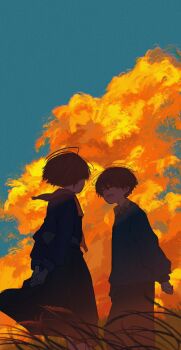 Rule 34 | 1boy, 1girl, arm at side, arms behind back, banakotakemaru, black hair, black pants, black sailor collar, black shirt, black skirt, blue sky, closed eyes, cloud, cloudy sky, colorful, colorful cloudy sky, commentary request, film grain, grass, grey sweater, highres, long sleeves, open mouth, original, outdoors, pants, sailor collar, scenery, school uniform, serafuku, shirt, short hair, skirt, sky, smile, standing, sweater, twilight, very short hair