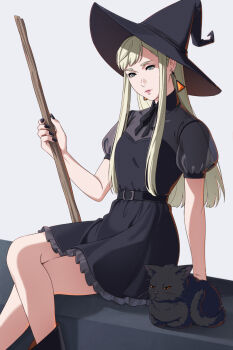 1girl alternate_costume arm_support belt black_belt black_boots black_cat black_dress black_hat black_nails black_ribbon blonde_hair blue_eyes boots broom cat closed_mouth collared_dress crossed_legs dress earrings feet_out_of_frame frilled_dress frills gigi_andalusia grey_background gundam gundam:_hathaway's_flash hat hat_ribbon highres holding holding_broom jewelry long_sidelocks marulka nail_polish neck_ribbon puffy_short_sleeves puffy_sleeves ribbon see-through_clothes see-through_sleeves short_dress short_sleeves sidelocks sitting solo triangle_earrings witch witch_hat