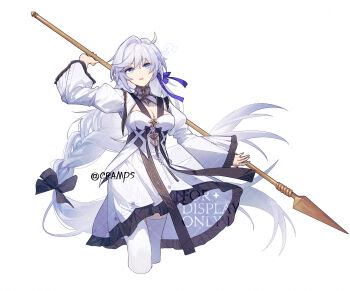 Rule 34 | ahoge, arm up, artist name, black bow, blue eyes, bow, braid, breasts, center opening, chinese commentary, cleavage, cramps (exspmarc), dress, hair between eyes, hair bow, hair flowing over, hair intakes, hair ribbon, head tilt, highres, holding, holding polearm, holding weapon, honkai (series), honkai impact 3rd, juliet sleeves, kallen kaslana, large breasts, lofter username, long braid, long hair, long sleeves, looking at viewer, low-tied long hair, open mouth, polearm, puffy sleeves, purple ribbon, ribbon, shade, single braid, standing, thighhighs, weapon, white dress, white hair, white thighhighs, wide sleeves