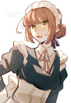 1girl absurdres artist_name back_bow bob_cut bow breasts brown_hair commentary dated duvalie eiyuu_densetsu english_commentary fang green_eyes hair_bun highres leorlontyan long_sleeves looking_at_viewer maid maid_headdress medium_breasts puffy_long_sleeves puffy_sleeves sen_no_kiseki_(series) short_hair simple_background solo upper_body white_background