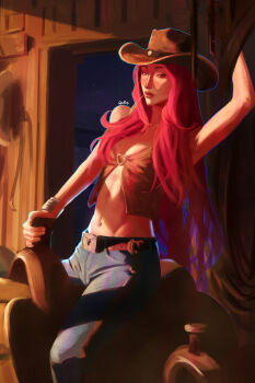 Rule 34 | 1girl, arm up, closed mouth, cow girl, denim, highres, jeans, kpop demon hunters, long hair, looking at viewer, mira (kpop demon hunters), navel, night, pants, pink hair, quentims, sitting, solo