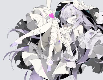 1girl absurdres bandaged_leg bandages colored_skin dress full_body halloween_costume highres hwii_(hwii_myu) long_hair multicolored_skin mummy_costume original purple_hair purple_skin solo white_dress