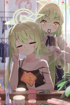2girls :t ahoge alternate_costume black_camisole blue_archive blue_ribbon blue_skirt bread brushing_another's_hair brushing_hair camisole casual closed_eyes closed_mouth collarbone collared_shirt commentary_request flat_chest food food_on_face green_hair green_halo hair_brush hair_tie_in_mouth halo highres hikari_(blue_archive) holding holding_food holding_hair_brush indoors long_hair long_sleeves looking_at_viewer mikumiku37 mirror mouth_hold multiple_girls neck_ribbon nozomi_(blue_archive) pleated_skirt pointy_ears puffy_long_sleeves puffy_sleeves reflection reflection_focus revision ribbon shirt siblings sisters skirt strap_slip thick_eyebrows trinity_general_school_logo twins twintails v-shaped_eyebrows white_shirt yellow_eyes