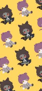 Rule 34 | 2boys, absurdres, animal ears, basilio (metaphor: refantazio), black coat, black pants, black shoes, brothers, brown hair, cat boy, cat ears, closed mouth, coat, dark-skinned male, dark skin, fidelio (metaphor: refantazio), highres, houndstooth, jacket, male focus, metaphor: refantazio, multiple boys, orange background, pants, patterned clothing, purple hair, red eyes, rizu (rizunm), scarf, shoes, short hair, siblings, simple background, white scarf, yellow eyes