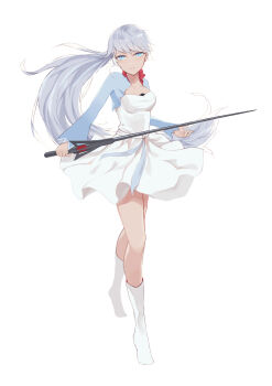 Rule 34 | 1girl, absurdres, blue eyes, boots, breasts, closed mouth, commentary, cropped jacket, dress, english commentary, floating hair, full body, highres, holding, holding sword, holding weapon, kanna (kanna2333), long hair, looking at viewer, myrtenaster, no scar, ponytail, rwby, sash, simple background, small breasts, solo, standing, sword, thighs, very long hair, weapon, weiss schnee, white background, white boots, white dress, white hair, white sash
