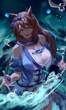 1girl animal_ears blue_eyes blush bow braid braided_ponytail breasts brown_hair ear_bow ear_ornament ear_ribbon hair_between_eyes highres horse_ears horse_girl horse_tail inishie_kumo large_breasts long_hair looking_at_viewer low-tied_long_hair multicolored_hair official_alternate_costume open_mouth shirt smile solo streaked_hair super_creek_(murmuring_stream)_(umamusume) super_creek_(umamusume) tail umamusume umamusume:_cinderella_gray very_long_hair white_hair