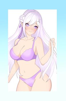 1girl ass big_breasts bra emilia_(re:zero) female_focus hair_ornament highres huge_ass krejzart lingerie lingerie_bra lingerie_only lingerie_panties panties purple_bra purple_eyes purple_panties purple_underwear re:zero_kara_hajimeru_isekai_seikatsu silver_hair thick_thighs thighs underwear white_hair