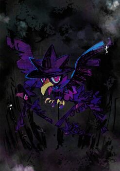 animal_focus beak bird black_feathers bright_pupils crow feathers flying full_body gen_2_pokemon grey_background highres looking_at_viewer murkrow nintendo no_humans open_mouth pink_eyes pokemon pokemon_(creature) pokemon_focus simple_background talons uraura8yama white_pupils