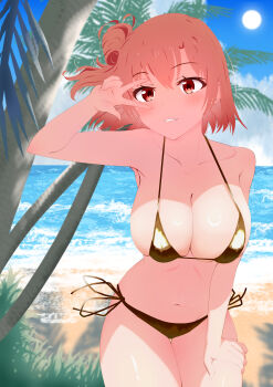 1girl absurdres alternate_costume beach bikini breasts cleavage collarbone commentary_request cowboy_shot day dujianchuang gold_bikini hair_bun hand_on_own_thigh hand_up highres horizon large_breasts looking_at_viewer navel ocean orange_eyes orange_hair outdoors palm_tree sand shore side-tie_bikini_bottom single_hair_bun single_side_bun sky solo string_bikini swimsuit tree v v_over_eye yahari_ore_no_seishun_lovecome_wa_machigatteiru. yuigahama_yui