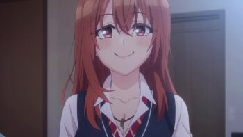 1girl animated anime_screenshot blue_vest blush bouncing_breasts breast_lift breasts brown_eyes brown_hair cleavage collarbone food highres jewelry kohinata_iroha_(imouuzai) large_breasts lips long_hair necklace necktie popsicle red_necktie school_uniform shirt smile sound tagme tomodachi_no_imouto_ga_ore_ni_dake_uzai vest video white_shirt