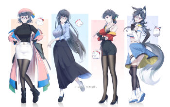 absurdres animal_ears arm_across_waist armpit_crease armpit_cutout artist_name artist_self-insert ass_peek asymmetrical_clothes bag belt beret black-framed_eyewear black_boots black_bra black_pantyhose black_shorts black_skirt black_sweater blue_skirt blunt_bangs boots bra breasts brown_pantyhose button_gap clothes_down clothing_cutout coat collarbone colored_lapels crop_top extra_ears fang fingerless_gloves folded_ponytail fox_ears fox_tail full_body ghost glasses gloves hair_tie hands_on_own_hips hat high-waist_shorts high_heels highres hime_cut index_finger_raised kemonomimi_mode lapels large_breasts layered_shirt leg_up lineup loafers long_hair long_skirt long_sleeves looking_at_viewer looking_back messy_hair miniskirt multicolored_coat multiple_girls multiple_persona off_shoulder open_clothes open_coat open_mouth original panty_straps pantyhose parted_bangs parted_lips partially_fingerless_gloves partially_unbuttoned pencil_skirt pink_coat pink_eyes pleated_skirt profile red_eyes red_shirt round_eyewear semi-rimless_eyewear shirt shirt_tucked_in shoes short_hair shorts shoulder_bag skindentation skirt smile socks standing striped_clothes striped_shirt sweater sweater_tucked_in tail thighhighs turtleneck under-rim_eyewear underwear unworn_eyewear very_long_hair white_background white_skirt white_socks yuriniel