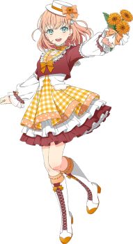 1girl :d aqua_eyes boots bow bowtie brown_shirt crossed_bangs daisy_(flower) dress flower full_body game_cg gigo hair_ornament hat hat_bow hat_flower hinoshita_kaho holding holding_flower knee_boots kneehighs lace-up_boots link!_like!_love_live! long_sleeves looking_at_viewer love_live! medium_hair non-web_source official_alternate_costume official_art open_mouth orange_bow orange_bowtie orange_dress orange_flower orange_hair orange_socks rabbit_hair_ornament shirt short_dress simple_background smile socks solo transparent_background two_side_up virtual_youtuber white_boots white_hat