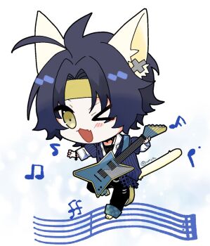 >_o 1boy alternate_costume animal_ear_piercing animal_ears animal_feet asaba_harumasa black_hair black_pants blue_sweater blush cat_boy cat_ears chibi chibi_only commentary_request electric_guitar fang full_body furrification furry guitar headband holding holding_guitar holding_instrument instrument male_focus musical_note musical_staff one_eye_closed open_mouth pants parted_bangs shirt short_hair skin_fang solo sweater twitter_username white_background white_shirt wnya yellow_eyes yellow_headband zenless_zone_zero