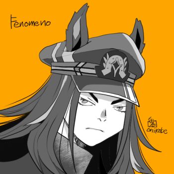 Rule 34 | 1girl, animal ears, closed mouth, commentary request, ears through headwear, fenomeno (umamusume), frown, greyscale with colored background, hat, horse ears, horse girl, horse tail, long hair, looking at viewer, onikobe rin, orange background, peaked cap, portrait, simple background, solo, tail, umamusume, upper body, v-shaped eyebrows, watermark