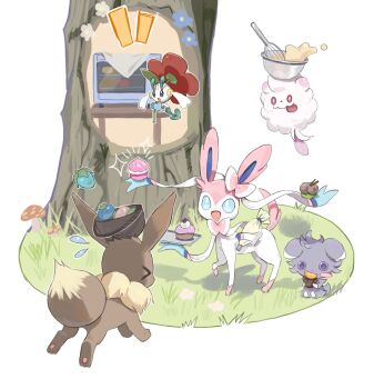 >_< :d :o :p animal_focus berry_(pokemon) blue_eyes blush_stickers bow bowl bright_pupils brown_fur cat colored_sclera commentary_request eevee espurr floette floette_(red_flower) fluffy full_body gen_1_pokemon gen_6_pokemon grey_eyes highres korean_commentary looking_at_another neck_fur nintendo no_humans open_mouth oran_berry pawpads pecha_berry pink_fur pokemon pokemon_(creature) pokemon_focus purple_fur purple_sclera rawst_berry red_eyes ribbon ru_oo0o simple_background single_blush_sticker sitting smile standing swirlix sylveon tongue tongue_out two-tone_fur whisk white_background white_fur white_pupils yellow_fur