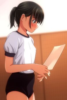 1girl absurdres black_buruma black_hair blurry blurry_background blush breasts brown_eyes buruma gym_uniform highres holding matsunaga_kouyou original ponytail shirt short_sleeves small_breasts solo white_shirt