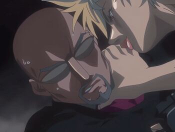 00s 1boy 1girl 2007 american animated animated_gif anime_screenshot ass bald bible_black bible_black_new_testament black_suit blonde_hair breasts crowley&#039;s_guards facial_hair firing formal_clothes goatee gun jody&#039;s_guards large_breasts lipstick makeup nipples shin_bible_black short_hair spiked_hair suit sunglasses tagme weapon yellow_eyes yuge_toru