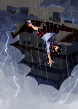 1girl absurdres black_dress black_hair blue_ribbon cloud cloudy_sky double_dealing_character dress dress_ribbon floating furahata_gen highres horns kijin_seija lightning platform_sandals rain ribbon sandals shining_needle_castle sky sleeve_cuffs small_horns solo touhou two-tone_dress upside-down white_dress white_horns