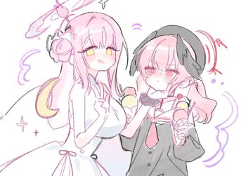 2girls angel_wings black_shirt blue_archive blush dress food hair_bun halo hand_on_another&#039;s_face head_wings holding holding_food holding_ice_cream ice_cream koharu_(blue_archive) long_hair long_sleeves low_twintails medium_hair mika_(blue_archive) multiple_girls nagakiras2 necktie pink_eyes pink_hair pink_necktie sailor_collar school_uniform serafuku shirt simple_background single_hair_bun sleeveless sleeveless_dress tongue tongue_out twintails upper_body v white_background white_dress white_sailor_collar wings yellow_eyes