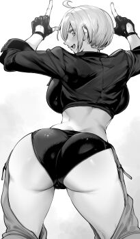 1girl absurdres ahoge angel_(kof) ass backboob blush breasts chaps cowboy_shot cropped_jacket fingerless_gloves from_behind gloves greyscale hands_up highres index_fingers_raised large_breasts looking_at_viewer looking_back monochrome niwarhythm open_mouth panties short_hair sideways_mouth simple_background smile solo standing the_king_of_fighters underwear