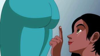 2girls animated animated_gif ass_awe ass_out_of_frame ass_peek assisted_exposure biting_own_lip black_hair bouncing_ass dark-skinned_female dark_skin gradient_background green_eyes head_out_of_frame highres jiggle looking_at_ass looking_up lower_body multiple_girls original out-of-frame_censoring short_hair simple_background smile tara_sendai yuri