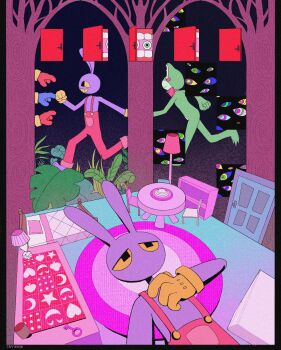 abstraction_(the_amazing_digital_circus) animal_ears artist_name bed black_border black_eyes blue_gloves border bow bowtie caine_(the_amazing_digital_circus) chair colored_sclera colored_skin colored_teeth commentary door english_commentary furry furry_male gloves grass green_skin grin highres holding_hands jax_(the_amazing_digital_circus) leaf lying no_mouth no_nose on_back overalls pink_bow pink_bowtie pink_overalls plant purple_skin rabbit_boy rabbit_ears red_gloves ribbit_(the_amazing_digital_circus) running smile surreal table taffimaya teeth the_amazing_digital_circus tree yellow_gloves yellow_sclera yellow_teeth