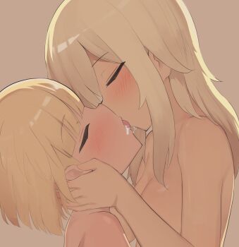 2girls absurdres bisexual_female blonde_hair blush breasts closed_eyes cum_swap french_kiss higa_kana highres kiss large_breasts long_hair multiple_girls okinawa_de_suki_ni_natta_ko_ga_hougen_sugite_tsurasugiru recklessdraw short_hair siblings sisters tan