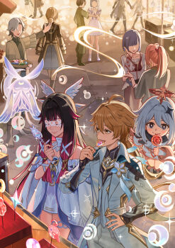 1boy 2girls absurdres aether_(as_heaven_and_earth_are_made_anew)_(genshin_impact) aether_(genshin_impact) afureru_colors ahoge bare_shoulders black_hair blonde_hair bow closed_eyes closed_mouth coat columbina_(genshin_impact) commentary eating english_commentary eye_mask floating food genshin_impact hair_between_eyes hair_ornament halo hand_on_own_hip hand_up highres holding holding_food long_hair looking_at_another luonnotar_(genshin_impact) mask multiple_girls official_alternate_costume paimon_(genshin_impact) purple_hair smile star_(symbol) star_hair_ornament very_long_hair white_bow white_coat white_halo wing_hair_ornament