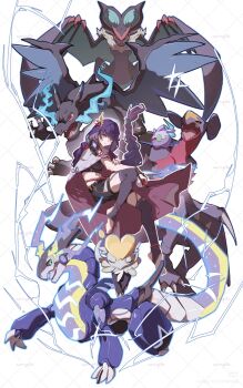 1girl alternate_costume alternate_universe armor artist_name bad_source ball black_shorts blue_fire blunt_bangs braid cape charizard closed_mouth creature crop_top crossover electricity fire floating floating_hair flying from_side garchomp gen_1_pokemon gen_4_pokemon gen_6_pokemon gen_7_pokemon genshin_impact goomy gradient_hair hair_floating_upwards hair_ornament hair_ribbon hand_on_own_arm head_tilt highres holding holding_ball jangmo-o knee_up leaning_forward light_smile long_braid looking_at_viewer looking_to_the_side mega_charizard_x mega_pokemon miraidon mo_yang multicolored_hair navel nintendo no_shoes noivern poke_ball poke_ball_(basic) pokemon pokemon_(creature) purple_cape purple_eyes purple_hair purple_thighhighs raiden_shogun ribbon shade shadow shorts shoulder_armor single_braid stomach streaked_hair thighhighs thighs toes watermark white_background wings