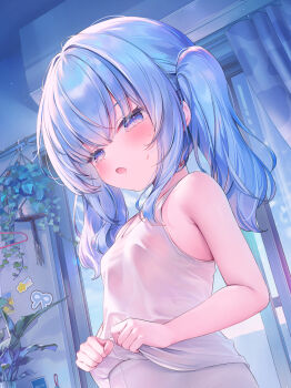 1girl :o armpit_crease bare_arms bare_shoulders blue_eyes blue_hair blush breasts chen_bin chinese_commentary clothes_lift commentary_request hair_between_eyes highres lifting_own_clothes medium_hair open_mouth original paid_reward_available pantyhose see-through_clothes see-through_shirt shirt shirt_lift sidelocks small_breasts solo sweat tank_top twintails white_pantyhose white_tank_top