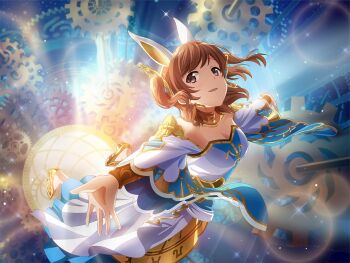 Rule 34 | 1girl, aijou karen, animal ears, bracer, breasts, brown eyes, brown hair, cleavage, dress, earrings, fake animal ears, furrowed brow, game cg, gears, jewelry, light rays, looking at viewer, medium breasts, official art, outstretched arms, parted lips, rabbit ears, short hair, shoujo kageki revue starlight, shoujo kageki revue starlight -re live-, solo, tarot, two side up, upper body, wheel of fortune (tarot), white dress, wide sleeves
