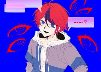 ... ...? 1boy ? ahoge blank_speech_bubble blue_background blue_eyes blue_jacket disembodied_eye drawstring eyelashes grey_jacket hair_between_eyes highres hood hood_down hoodie jacket jacket_over_hoodie long_sleeves lower_teeth_only male_focus multicolored_hair multicolored_jacket open_clothes open_jacket open_mouth purple_hair red_hair sangyuebushisangri sanpaku short_hair simple_background smile solo speech_bubble spoken_ellipsis spoken_question_mark streaked_hair sumino_takumi sweat teeth the_hundred_line_-last_defense_academy- two-tone_hair two-tone_jacket upper_body white_hoodie