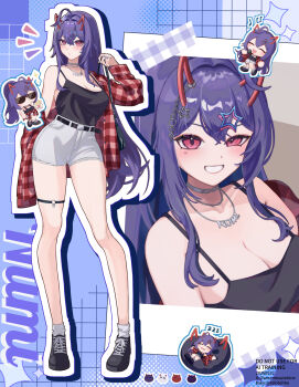 1girl ahoge akuma_nihmune akuma_nihmune_(casual) bag black_camisole breasts camisole chibi cleavage facial_mark grin hair_between_eyes hair_ornament heart heart_facial_mark highres horns indie_virtual_youtuber jacket large_breasts long_hair looking_at_viewer microphone multiple_expressions purple_hair red_horns red_jacket shorts shoulder_bag smile standing star_(symbol) star_hair_ornament sunglasses taki_tohko virtual_youtuber white_shorts