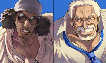 2boys absurdres afro aokiji_(one_piece) beard collared_shirt duel facial_hair frown goatee goatee_stubble grin headscarf highres loose_necktie male_focus mature_male monkey_d._garp multiple_boys muscular muscular_male mustache mustache_stubble necktie official_alternate_costume old old_man one_piece pectoral_cleavage pectorals portrait shirt short_hair smile split_screen stubble sunglasses thick_beard thick_eyebrows thick_mustache wame_rkgkaka white_headscarf wrinkled_skin