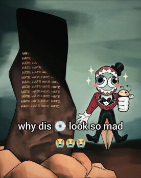 a.m amneshion bee black_hat black_pants blue_eyes blush_stickers bug caine_(the_amazing_digital_circus) commentary crossover crying_emoji emoji english_commentary english_text gloves green_eyes hat heterochromia highres holding_bug i_have_no_mouth_and_i_must_scream insect jacket meme mini_hat pants red_jacket teeth the_amazing_digital_circus trait_connection white_gloves why_dis_ninja_look_so_mad_(meme)