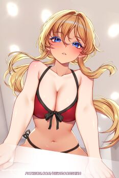 1girl bikini blonde_hair blue_eyes blush breasts cleavage commentary commission english_commentary from_below hair_between_eyes highres large_breasts long_hair looking_at_viewer looking_down makeup navel newmoonshira nintendo open_mouth pokemon red_bikini serena_(pokemon) solo stomach swimsuit
