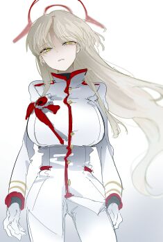 Rule 34 | 1girl, absurdres, alternate hairstyle, blonde hair, blue archive, blush, breasts, cowboy shot, dantyou2525, gloves, halo, highres, jacket, large breasts, long hair, long sleeves, looking at viewer, marina (blue archive), open mouth, pantyhose, red halo, solo, white gloves, white jacket, white pantyhose, yellow eyes