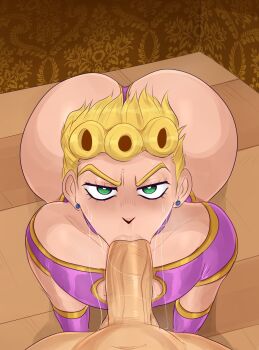 2boys :o all_fours ass blonde_hair blush clothed_male_nude_male clothed_sex clothes detnox ear_piercing fellatio giorno_giovanna green_eyes highres huge_ass jojo_no_kimyou_na_bouken large_penis looking_at_viewer multiple_boys nude open_mouth oral penis piercing pov short_hair testicles veins veiny_penis yaoi