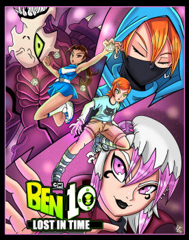 absurdres aunt_and_niece ben_10 ben_10:_omniverse blue_dress cartoon_network charmcaster commentary cyborg darkfang100 dress earrings english_commentary eyeshadow ghostfreak goth_fashion green_eyes gwen_tennyson gwen_tennyson_(future) highres hood hoodie jewelry lipstick long_sleeves makeup red_hair shoes sneakers