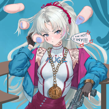 2girls anger_vein aqua_eyes black_gloves blue_jacket blush breasts cantarella_(wuthering_waves) carlotta_(wuthering_waves) commentary english_commentary english_text facial_tattoo fingernails gloves grey_hair gun holding holding_gun holding_weapon iricity jacket long_hair looking_at_viewer medium_breasts multicolored_hair multiple_girls nail_polish off_shoulder parted_bangs partially_fingerless_gloves pink_jacket pink_skirt pout purple_nails shirt shirt_tucked_in shoulder_tattoo skirt solo_focus streaked_hair tattoo two-sided_fabric two-sided_jacket v-shaped_eyebrows weapon white_shirt wuthering_waves