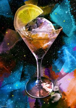 alcohol cocktail_glass cup drinking_glass food fruit holding ice lemon lemon_slice no_humans nomiya_(no_38) object_focus original rabbit star_(symbol) twitter_username