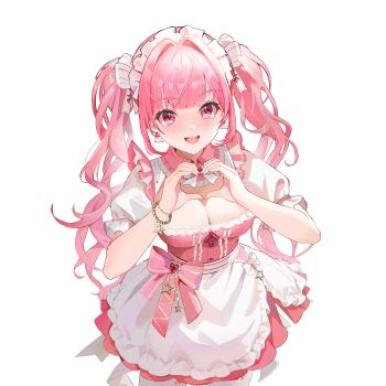 1girl :d absurdres artist_request bow bowtie bracelet breasts cleavage dress frilled_dress frilled_sleeves frills hair_tie heart heart_hands highres hoshimiya_kana jewelry large_breasts long_hair maid_headdress multicolored_dress official_alternate_costume official_art open_mouth pink_dress pink_eyes pink_hair poker_fate short_sleeves smile solo teeth twintails upper_body upper_teeth_only waitress white_background white_bow white_bowtie