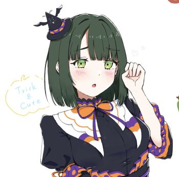 1girl :o black_hat black_shirt blush breasts clenched_hand commentary_request green_eyes green_hair hair_intakes hat highres link!_like!_love_live! looking_at_viewer love_live! mano_409 medium_breasts mini_hat mini_witch_hat momose_ginko neck_ribbon official_alternate_costume open_mouth paint_chat_(medium) puffy_short_sleeves puffy_sleeves purple_ribbon ribbon shirt short_sleeves simple_background solo song_name trick_&amp;_cute_(love_live!) virtual_youtuber white_background winged_hat witch_hat