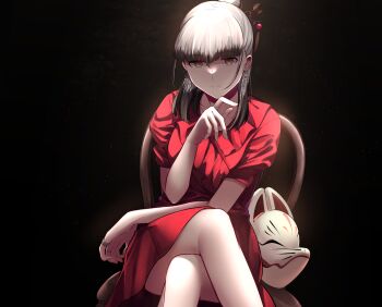 Rule 34 | 1girl, alternate hairstyle, black background, black hair, blunt bangs, brown eyes, chair, closed mouth, colored tips, commentary request, crossed legs, dress, earrings, feet out of frame, fox mask, hair ornament, hair stick, half updo, highres, jewelry, jouhou, looking at viewer, mask, medium hair, multicolored hair, on chair, red dress, ring, satsuki yomi, short sleeves, sitting, smile, solo, toji no miko, unworn mask, white hair