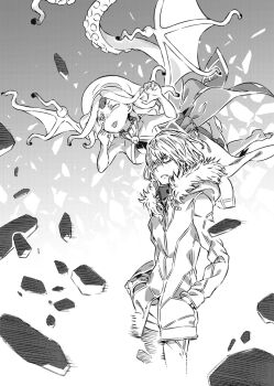 1boy 1girl :p accelerator_(toaru_majutsu_no_index) albino androgynous armpits bare_arms bare_shoulders barefoot breasts bright_pupils commentary_request demon_girl demon_wings disgust dress eyelid_pull finger_to_eye floating floating_clothes frilled_dress frills from_side fur-trimmed_hood fur-trimmed_jacket fur_trim gradient_hair greyscale haimura_kiyotaka hair_between_eyes hair_bun halftone_dot_(medium) hand_up hands_in_pockets headgear high_collar hole_in_head hood hood_down horizontal_pupils index_finger_raised jacket large_breasts medium_hair monochrome motion_lines multicolored_hair necktie novel_illustration official_art one_eye_closed pants parted_lips paw_pose pentagram pink_hair pointy_ears purple_eyes qliphah_puzzle_545 rags ribbon rock sharp_teeth shoes sideboob sleeveless speed_lines squid_girl symbol-shaped_pupils tail teeth tentacle_hair tentacle_tail tentacles toaru_majutsu_no_index toaru_majutsu_no_index:_new_testament tongue tongue_out v-shaped_eyebrows white_hair white_jacket white_pants wings winter_clothes