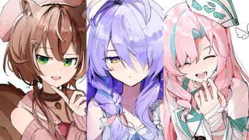 3girls airani_iofifteen airani_iofifteen_(goddess) animal_ear_fluff animal_ears aqua_streaks area_15 ayunda_risu ayunda_risu_(1st_costume) braid brown_hair carternanmen closed_eyes closed_mouth green_eyes hair_over_one_eye highres hololive hololive_indonesia long_hair looking_at_viewer low_twintails medium_hair moona_hoshinova moona_hoshinova_(pajamas) multicolored_hair multiple_girls official_alternate_costume open_mouth pink_hair purple_hair squirrel_ears squirrel_girl squirrel_tail streaked_hair tail twin_braids twintails very_long_hair virtual_youtuber white_streaks yellow_eyes