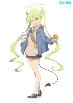 1girl :d artist_name bag blue_archive blue_jacket brown_hoodie burger chinese_commentary commentary_request crossbody_bag demon_tail denim denim_jacket drawstring fang food full_body green_hair green_halo halo highres holding holding_bag holding_burger holding_food hood hood_down hoodie jacket lemon_tea_(15058751917) long_hair long_sleeves looking_at_viewer mom's_touch nozomi_(blue_archive) nozomi_(mom's_touch)_(blue_archive) official_alternate_costume open_clothes open_jacket open_mouth paper_bag pointy_ears simple_background skin_fang smile solo standing tail tied_drawstring twintails white_background yellow_eyes