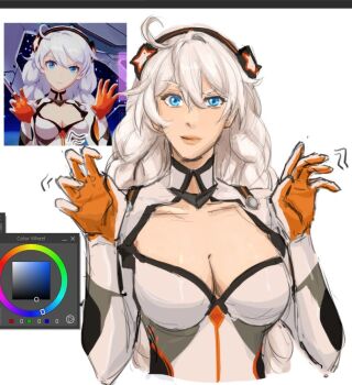 1girl ahoge art_program_in_frame blue_eyes bodysuit braid breasts cellysticks cleavage color_wheel game_screenshot_inset honkai_(series) honkai_impact_3rd kiana_kaslana kiana_kaslana_(white_comet) large_breasts long_hair paw_pose reference_inset solo twin_braids unfinished upper_body very_long_hair white_bodysuit white_hair