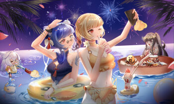 &gt;_&lt; 4girls absurdres aerial_fireworks azur_lane ball beachball bikini blue_eyes breasts brown_hair cellphone cleavage fireworks food frilled_bikini frills fruit giuseppe_garibaldi_(azur_lane) heterochromia highres holding holding_water_gun ibuki_(azur_lane) innertube manjuu_(azur_lane) medium_breasts multiple_girls night night_sky one_eye_closed pamiat_merkuria_(azur_lane) parfait phone red_eyes selfie sky smartphone strawberry swim_ring swimsuit universal_bulin_(azur_lane) wading water water_gun white_hair yellow_bikini zhu_xing_jin